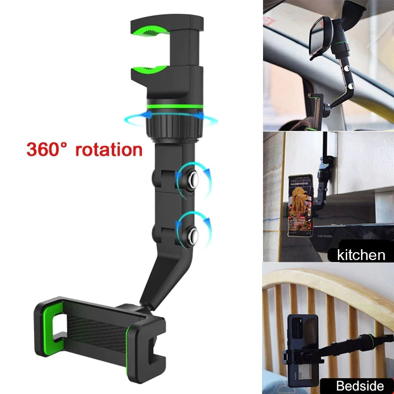 360° Rotating Rearview Mirror Phone Mount – Universal Car Holder for Smartphones