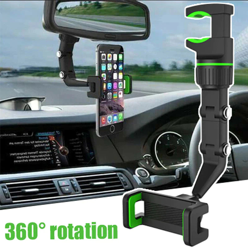 360° Rotating Rearview Mirror Phone Mount – Universal Car Holder for Smartphones