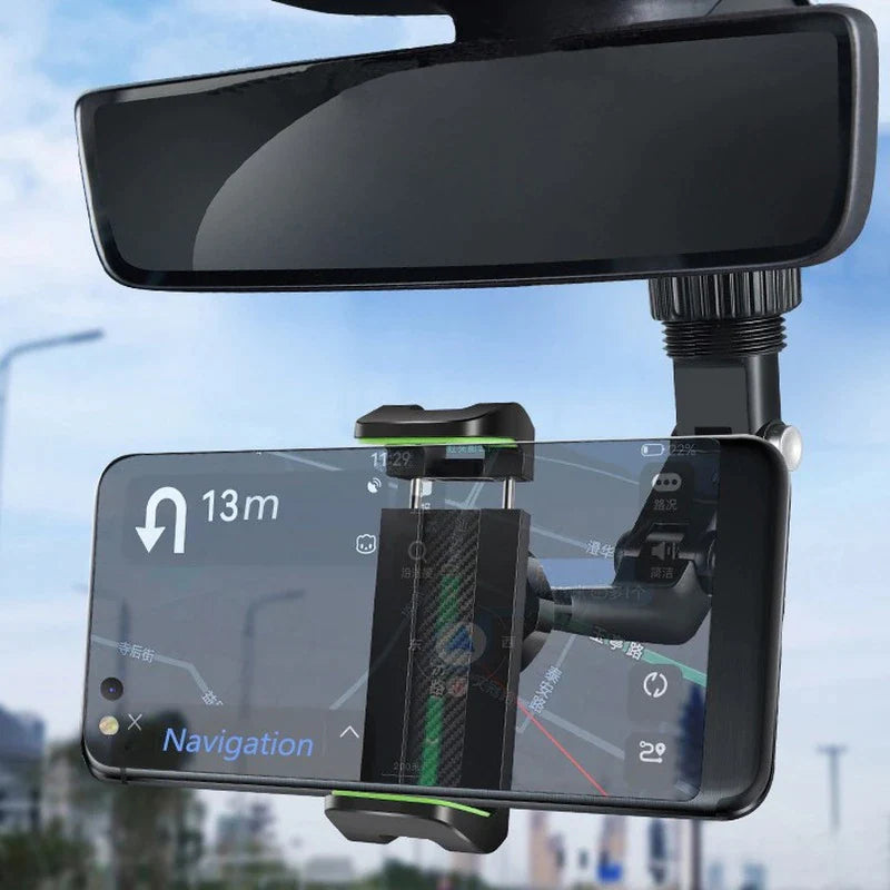 360° Rotating Rearview Mirror Phone Mount – Universal Car Holder for Smartphones