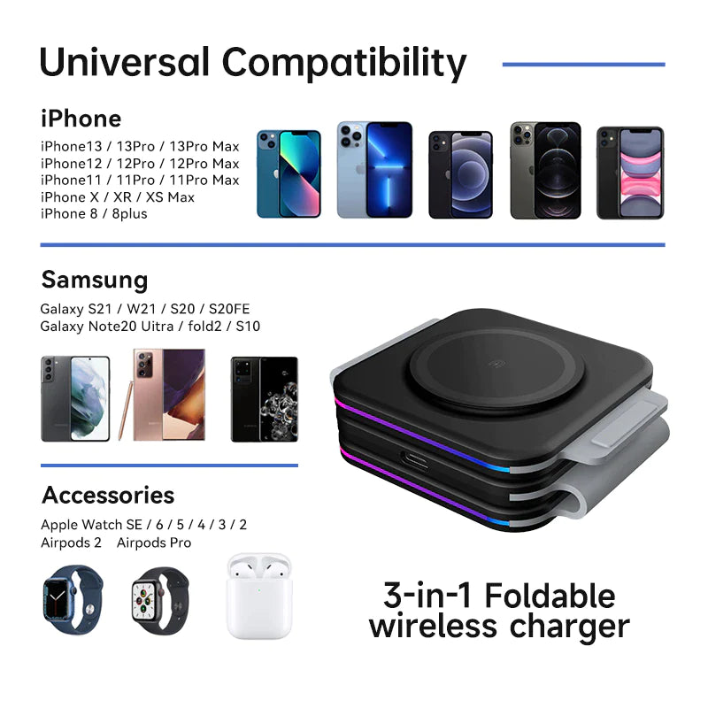 3-in-1 Magnetic Wireless Charger – Foldable Dock for iPhone, Apple Watch & AirPods